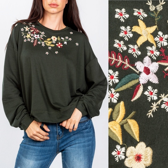 Mustard Seed Tops - Hunter Green Floral Embroidery Oversize Sweatshirt